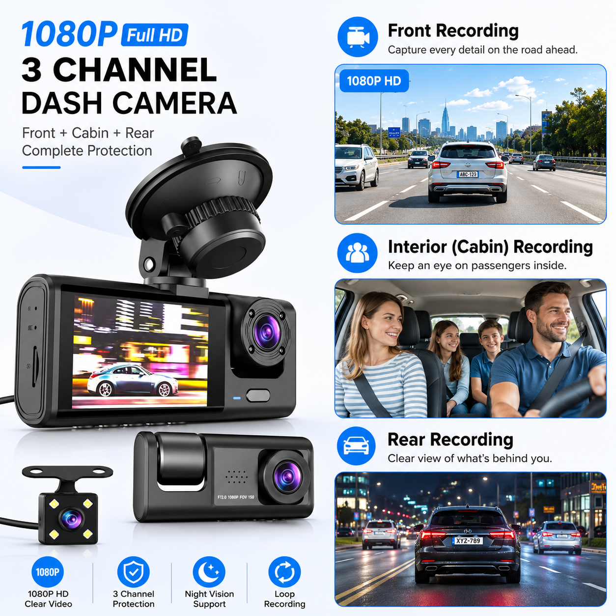 3-Channel Car Dash Cam | 1080P Full HD Camera